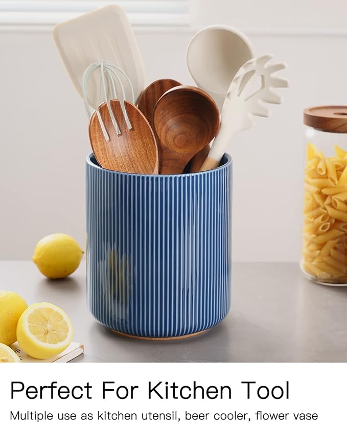 getstar Large Kitchen Utensil Holder for Kitchen Counter (H7.2” x W6.2”), Ceramic Cooking Utensil Holder with Cork Mat (Navy, Utensils Not Included)