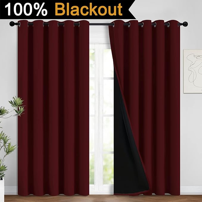 Yakamok 100% Blackout Curtains for Living Room, Noise Reducing Drapes,Thermal Insulated Blackout Curtains for Bedroom(62Wx96L, Burgundy Red, 2 Panels)