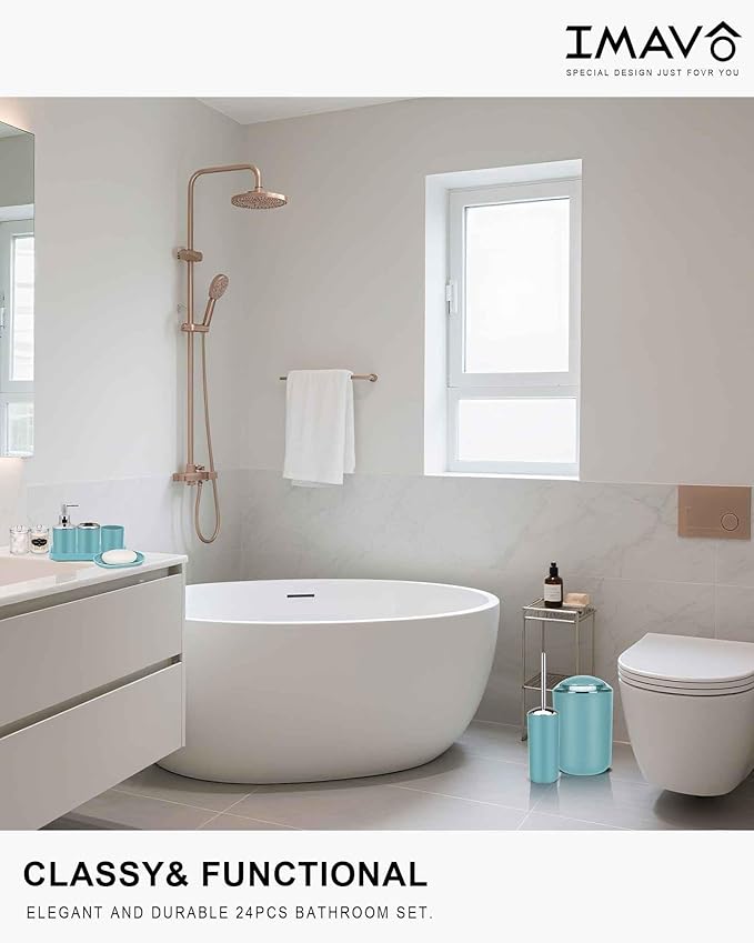 IMAVO Bathroom Accessories Set,Blue Bathroom Set,9 Pieces Bathroom Accessory Set,Tray,Qtip Holders,Toilet Brush,Trash Can for Bathroom Décor and Home Gifts