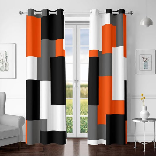 Orange 100% Blackout Curtains for Bedroom 84 inch Length 2 Panels Set White Grey Modern Abstract Geometric Black Out Curtains Insulated Room Darkening Window Drapes for Living Room, 42Wx84L