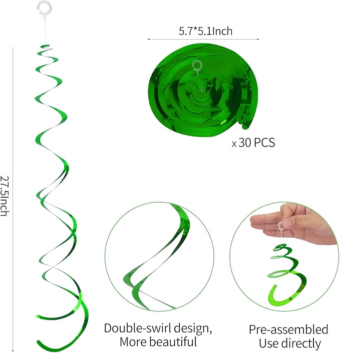 30 Pieces Green Party Hanging Swirls, Plastic Streamer Ceiling Decorations Wedding Baby Shower Birthday Party Decorations