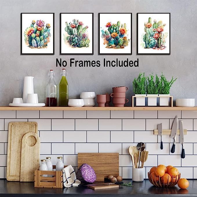 Mexican Cactus Canvas Wall Art,Mexican Cactus Posters,Cactus Wall Art Succulent Bathroom Decor Watercolor Green Plants Canvas Prints for Room Office Home Decor Set of 4 (8"x10"Unframed)