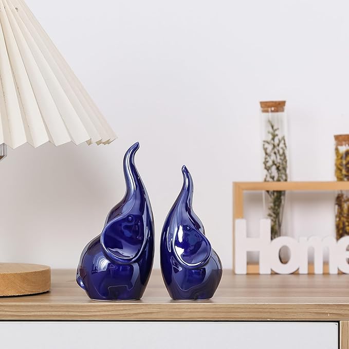 Ceramic Elephant Figurines with Trunk Up, Pair Couples Loving Elephant Statue, Small Figurines Sculpture African Home Decor, Valentine Elephants Gifts for Women, Wedding Knick Knacks（Blue）