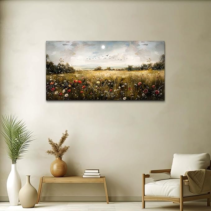 Wapluam Wall Decor For Living Room Canvas Wall Art For Bedroom Wildflower Field Vintage Wall Art Canvas Prints Paintings Farmhouse Artworks Pictures Modern Bathroom Aesthetic Home Wall Decor 40"X20"
