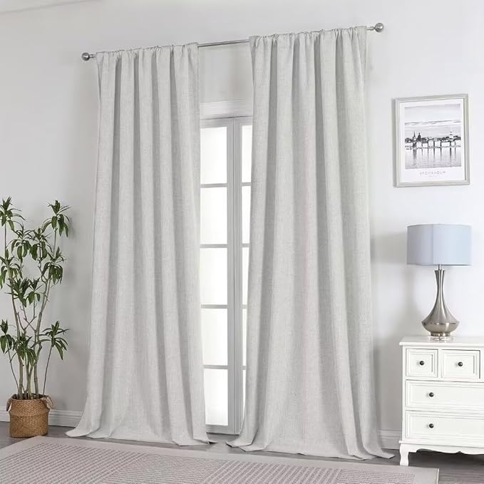 Joydeco Natural Linen Curtains 84 inch Length 2 Panels Set Burg 100% Blackout Patio Door Curtain Room Darkening Sliding Door Curtains Thermal Insulated Back tab Rod Pocket(105x84 inch, Light Beige)