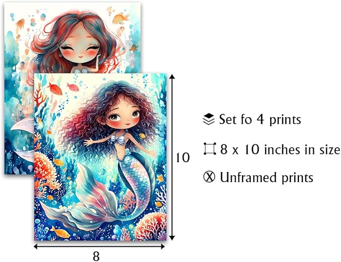 Mermaid Bathroom Decor Wall Art,Mermaid Decor Prints,Sea-Maid Nursery Wall Art Prints Animal Room Decor for Girls Bedroom Kids Bedroom Nursery Set of 4(8"x10"Unframed)