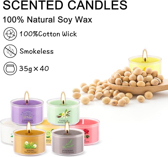 40 Scented Candle Set, 10 Fragrances, 35g Natural Soy Wax Candles with Smokeless Cotton Wicks, Ideal for Home Decor, Yoga, Meditation, Spa & Gifting.