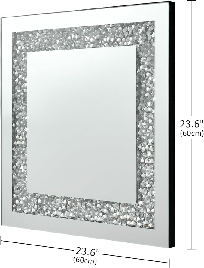 Crystal Decorative Mirror-24 x24 Rectangle Gorgeous Silver Mirror, Crush Diamond Mirror for Wall Decoration Bedroom, Hallway, Dining Room