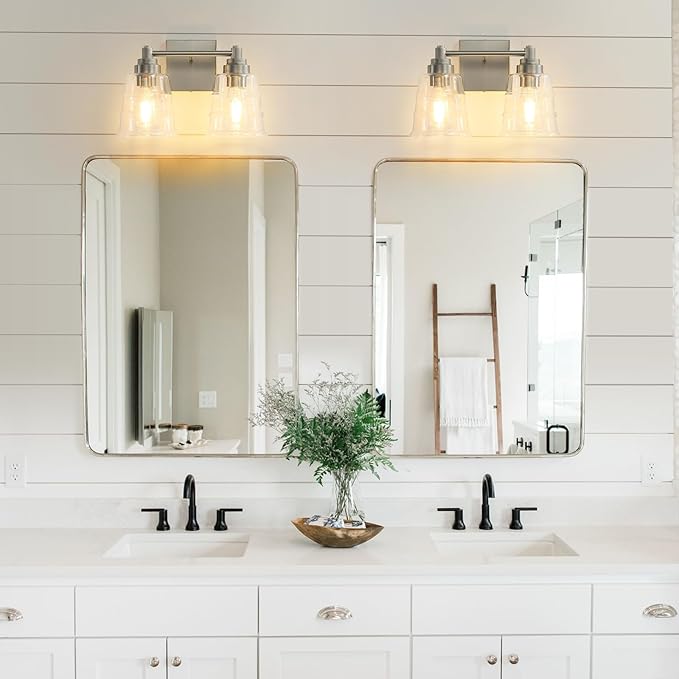 Brushed Nickel Bathroom Vanity Light Fixture, 2 Light Bathroom Light Fixtures Over Mirror with Clear lampshade and Metal Base Sconce,13.4 Inch Modern Vanity Light for Bathroom(Exclude E26 Bulb)