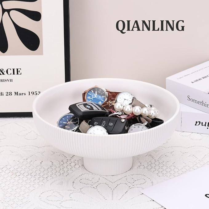 QIANLING Modern Decorative Bowl - Ribbed White Fluted Pedestal Bowl, Multi-Functional Fruit Bowl, Key Bowl, Candy Dish, Ideal for Entryway Table, Kitchen Counter, Living Room, Coffee Table Decor