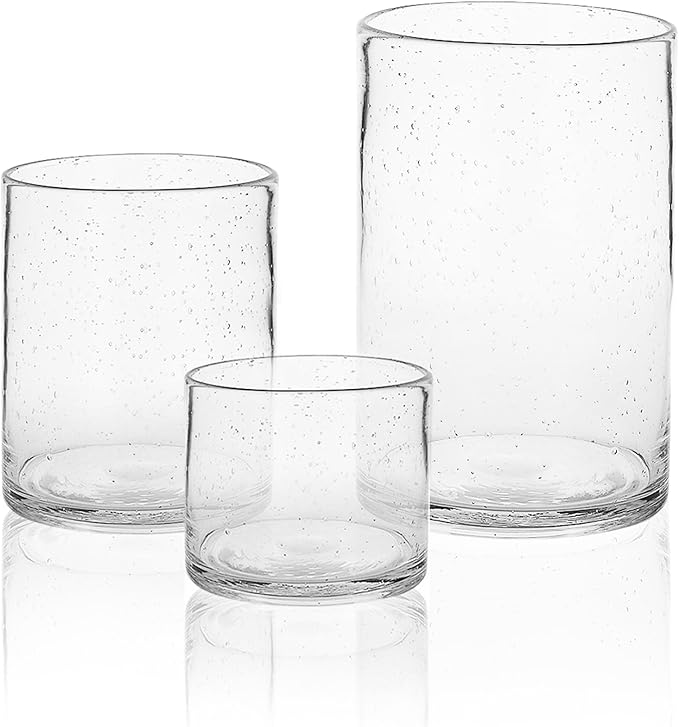 ARIAMOTION Hurricane Candle Holders for Pillar Hand Blown Glass Cylinder Vases Table Centerpiece Bulk Room Decor Clear Seeded Bubbles Living Dining Kitchen Island 10" 7" 4" Set of 3