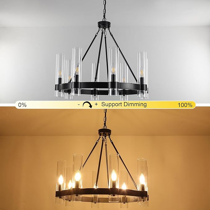 Black Wagon Wheel Chandeliers with Glass Shade, 8-Lights Farmhouse Chandeliers for High Ceiling, 28 Inch Round Black Pendant Light Fixtures for Dining Room, Living Room, Bedroom, Foyer