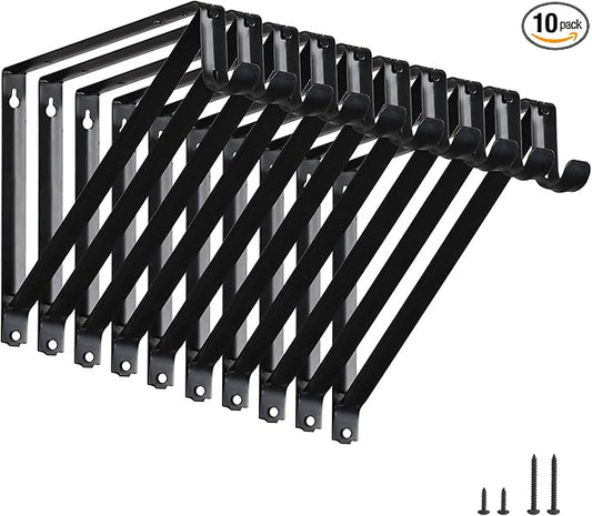 HOME MASTER HARDWARE Heavy Duty Closet Shelf Rod Brackets 10 Pack,Wall Mounted Closet Shelves Support Brace with Hook,10-3/4 in Black Bracket with Screws