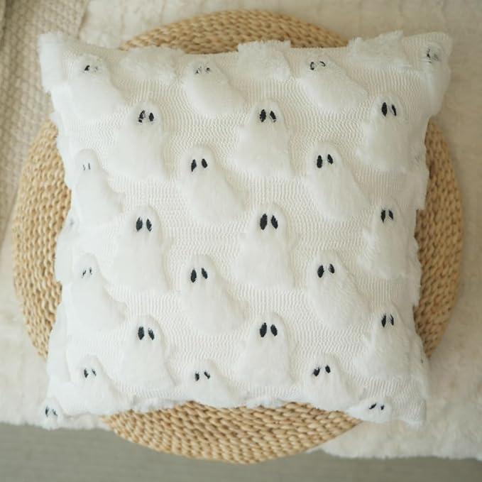 GEEORY Halloween Ghost Soft Plush Pillow Covers, 16 x 16 Inch Set of 2, Fluffy Faux Fur Wool Decorative Farmhouse Cushion Case for Sofa Home Decoration White GC026-16