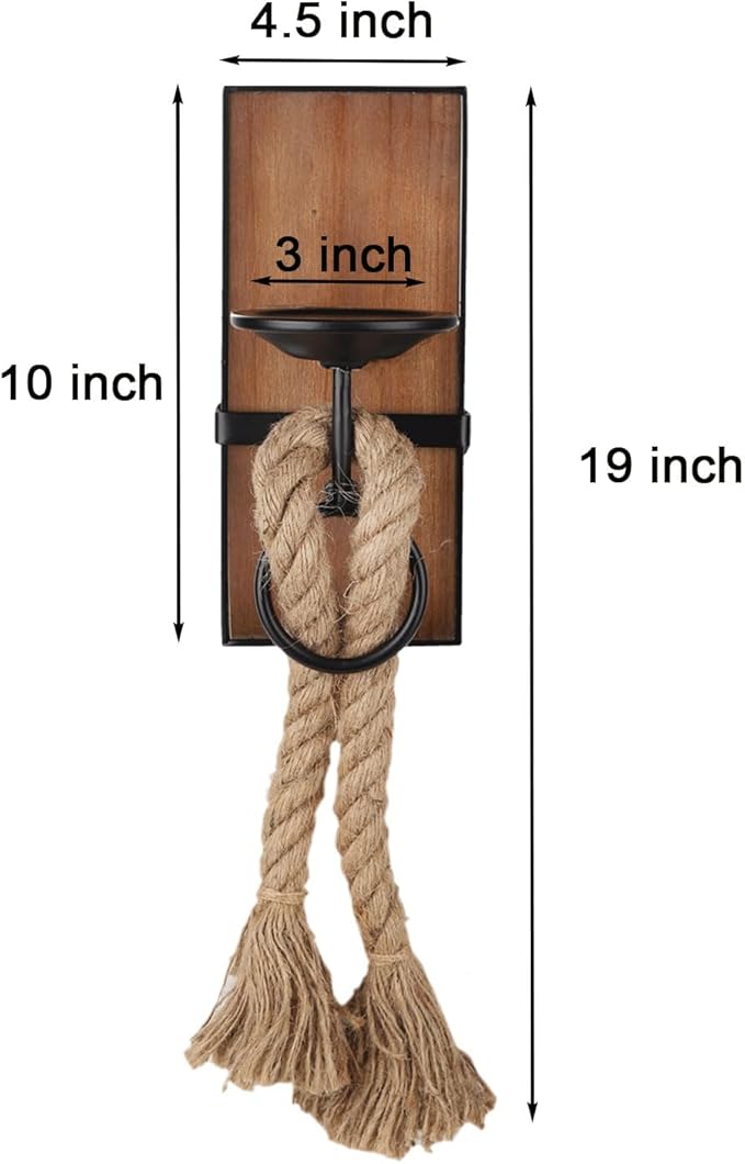 Wall Sconce Candle Holder Black Wall-Mount Metal and Wooden Candle Holders Hanging Iron Wall Candle Sconce Holder and use Hemp Rope Decoration,for Home,Living Room, Bathroom, Dining Room, Set of 2