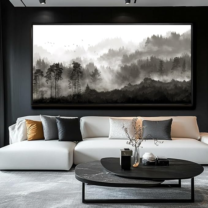 Large Wall Art Framed Mountains Canvas Wall Art Black And White Wall Decorations Bedroom Wall Decor Forest Pictures Artwork for Living Room Dining Room 29”x58”