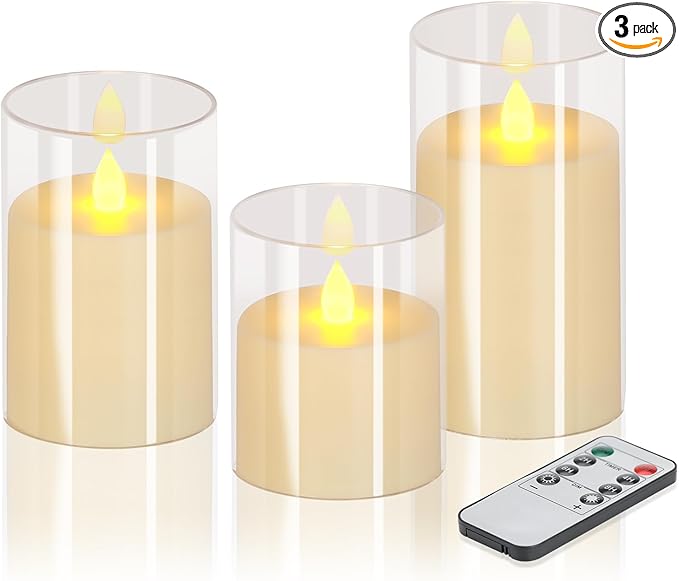 Flameless Candles 4" 5" 6" Set of 3 Acrylic Glass Pillars 3" Diameter Battery Operated Flickering Candles Include Remote with Timer for Home Decor Wedding Festival Cafe Restaurant Decor