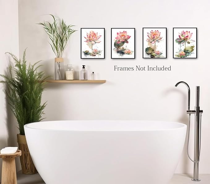 Lotus Floral Wall Art Prints,Pink Lotus Flower Canvas Wall Art,Watercolor Lotus Bloom Meditation Poster,Pink Lotus Zen Canvas Wall Art for Office Bathroom Room Decor Set of 4(8”X10”Unframed)