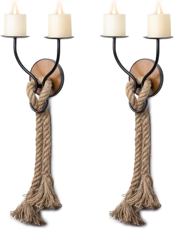 Aimto Wall Sconce Candle Holder Wall-Mount Metal and Wooden Candle Holders Hanging Iron Wall Candle Sconce Holder and use Hemp Rope Decoration,for Home,Living Room, Bathroom, Dining Room, Set of 2