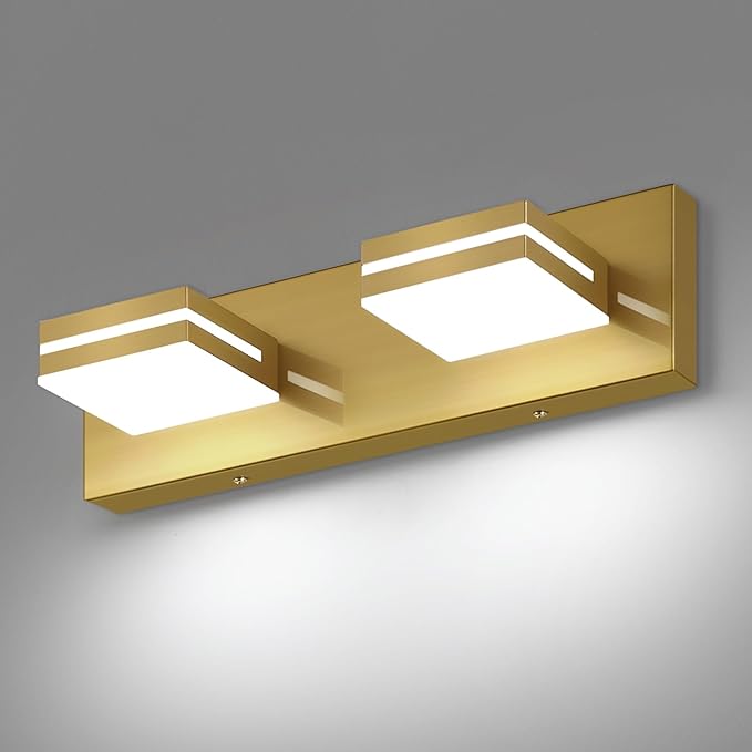 SineRise LED Modern Bathroom Vanity Light Fixtures (2-Light, 15.5-Inch), Brass Modern Acrylic Bathroom Wall Lighting Fixtures Over Mirror (Cool White 6000K)