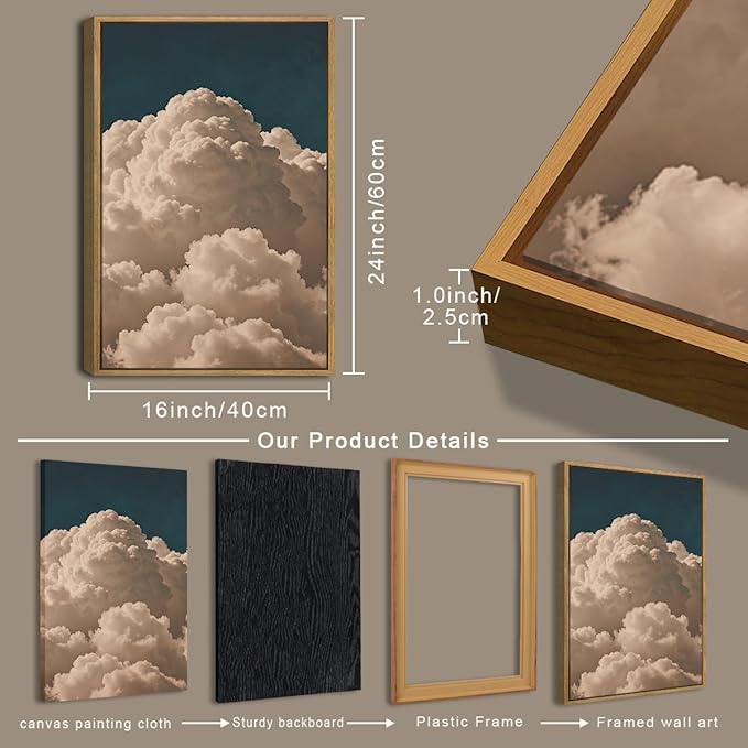 IARTTOP Large Cloud Canvas Wall Art Framed 16x24 Inch Navy Blue Cloud Painting Set of 3 Modern Abstract Sky Landscape Wall Decor For Living Room Bedroom Office