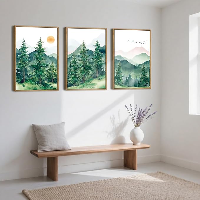 ANHUIB Extra Large Forest Wall Art Green Mountain Wall Decor Set of 3 for Living Room Bedroom Dining Room 24x36 Inch
