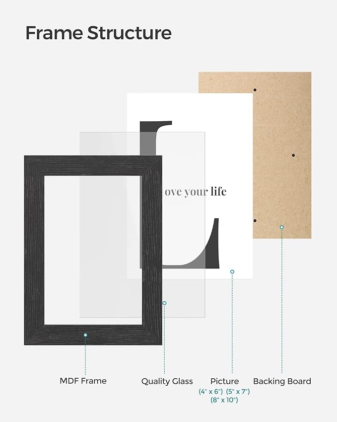 SONGMICS Picture Frames, Collage Picture Frames Set of 10, Two 8x10, Four 5x7, Four 4x6, Photo Frame for Wall Gallery Decor, Table Display, Glass, Ink Black URPF10B