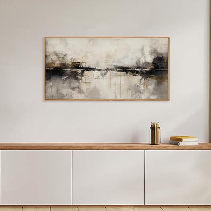 HOURIA Large Neutral Black Brown Framed Canvas Wall Art Set,Abstract Gray Wall Decor,Minimalist Beige Wall Painting,Modern Illustrations Tan Art Print for Living Room, Bedroom, Office- 20"x40"x1
