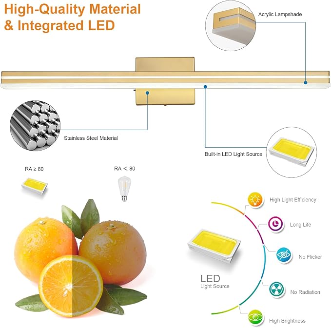 SineRise LED Modern Bathroom Vanity Light Fixtures (32-Inch, 3000K/4000K/6000K, Dimmable), Gold Modern Acrylic Bathroom Wall Lighting Fixtures Over Mirror