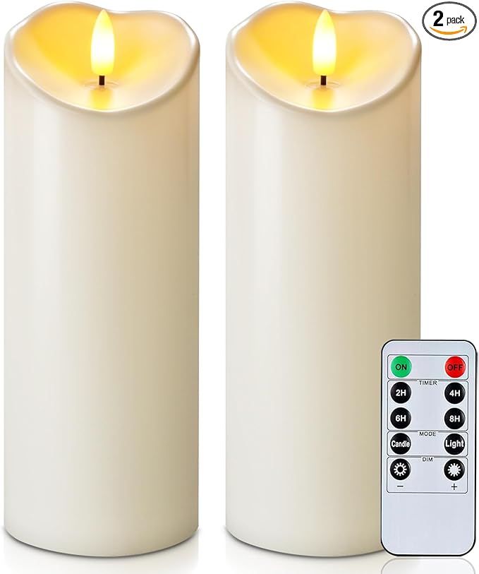 Homemory Outdoor Waterproof LED Candles, Battery Operated with Remote and Timers, Electric Fake Plastic Pillar Candles, Ivory White, Set of 2