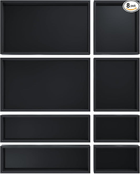 Bathroom Drawer Organizer Trays, Bamboo Drawer Organizer Kitchen Utensils Silverware Organizer, 8 PCS Wood Box Stackable Bins for Makeup, Office Desk, Junk Drawer (Black)