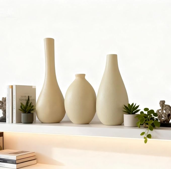 Ceramic Vase Set 3-Piece - Bohemian Farmhouse Style Decorative Vases for Pampas Grass,Beige Vases for Home Decor, Living Room, Kitchen, Bedroom, Entryway & Mantel