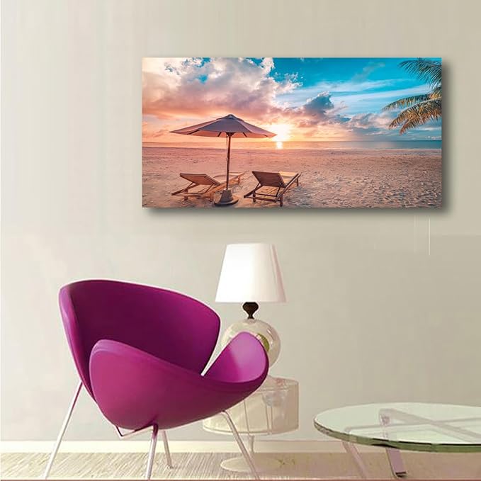 Beach Pictures Canvas Wall Art for Living room Bedroom Wall Decor,Sunset and Beautiful Clouds Wall Art Print Paitnings for home Decor,Morden Artwork Sunumbrellas and loungers Canvas Art
