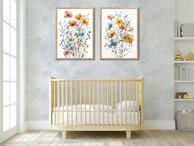 Large Framed Colorful Flowers Canvas Wall Art for Bathroom Decor, Blue Floral Print, Yellow Orange Flowers Artwork Pictures Poster for Bedroom Living Room Decoration 16"x24"x2 Panels