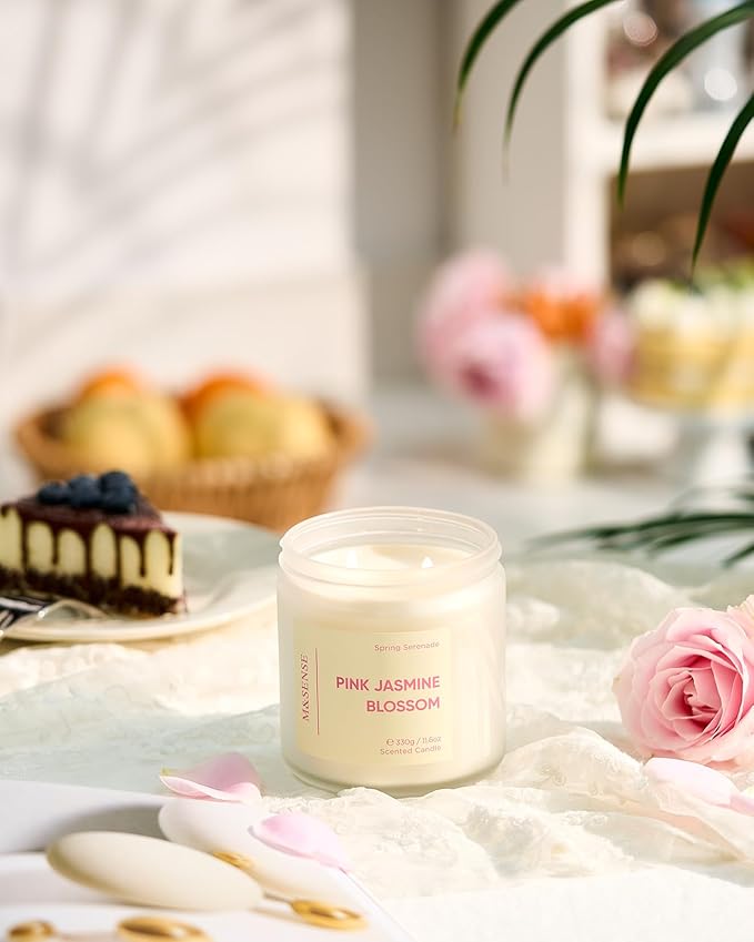M&SENSE Pink Jasmine Rose Scented Candle - 11.6oz Natural Soy Wax 70-Hour Long Lasting Burn Time, 2-Wick Spring Non-Toxic Candle for Home Decor Flower Scent Gifts for Women Teacher