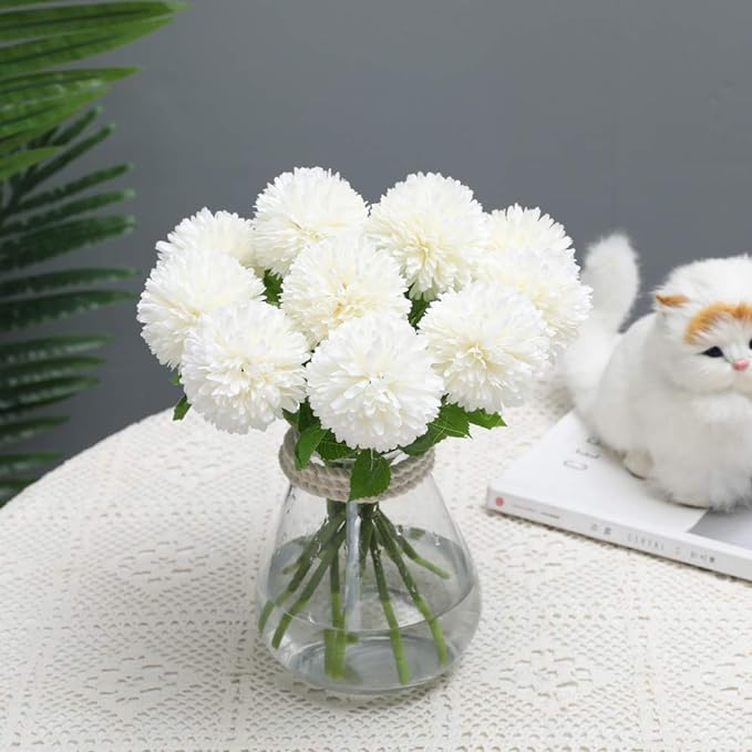 Floweroyal 12pcs Artificial Chrysanthemum Ball Flowers Silk Hydrangea Bridal Wedding Bouquet for Home Garden Party Office Coffee House Decoration (Cream White)