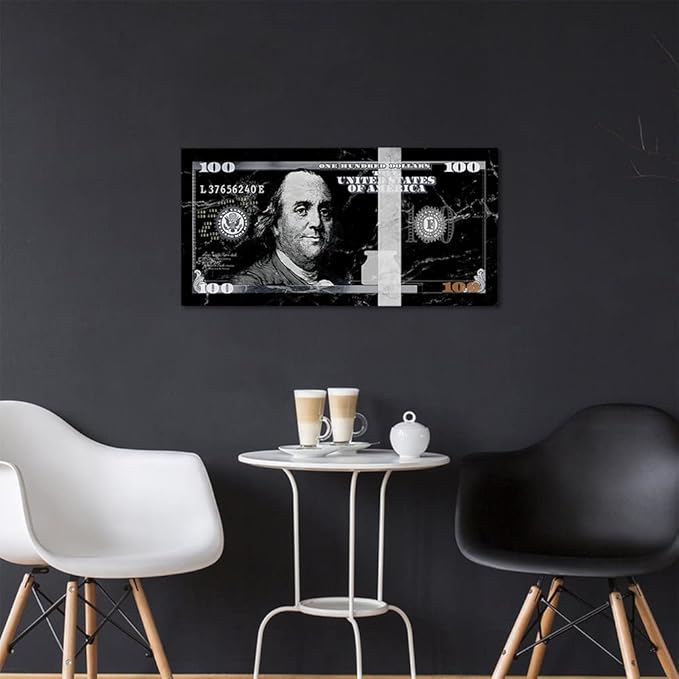 Inspirational 100 Dollar Wall Art Benjamin Franklin Black and white Graffiti Money Canvas Office Home Wall Art Inspired Motivational Wall Decor for Gym Coffee Shop Wooden Framed Easy to Hang-32"Wx16"H