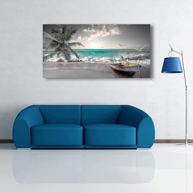 Beach Sea Wave Pictures Canvas Wall Art For Living Room Bedroom Wall Decor,Sea Wave Wall Art Print Paitnings For Home Decor,Morden Artwork Palm Boat Canvas Art Waterproof Ready To Hang-24x48 Inches