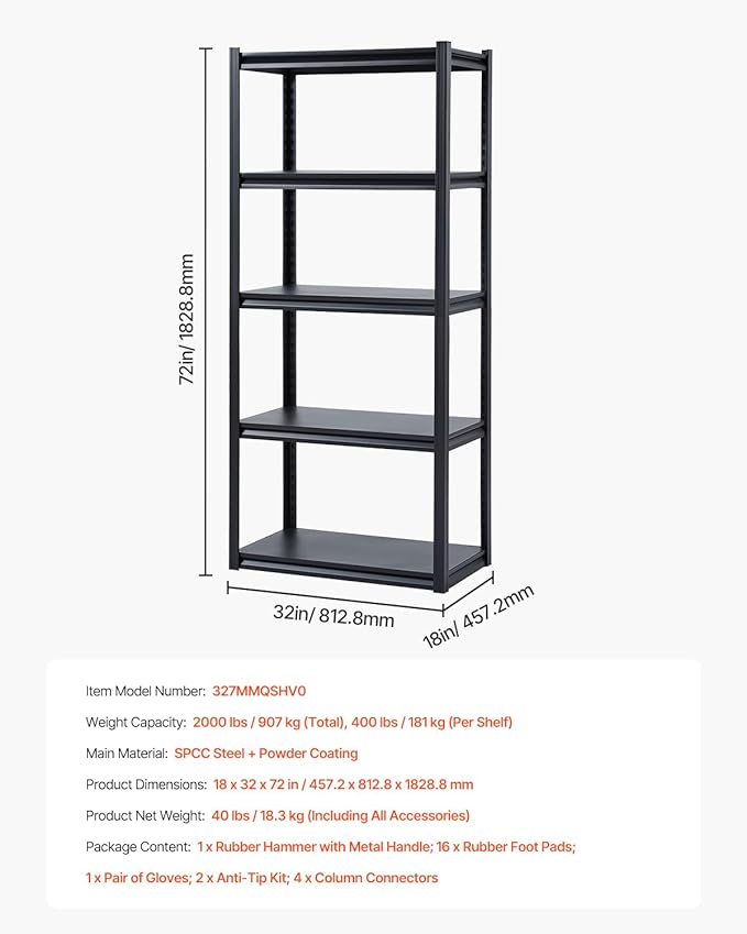 VEVOR Storage Shelves, 2000 lbs, 5 Tier Garage Storage Shelving, 18" D x 32" W x 72" H Adjustable Metal Shelves for Garage Shelves Utility Rack Shelf, Ideal for Kitchen, Warehouse, Basement, Black