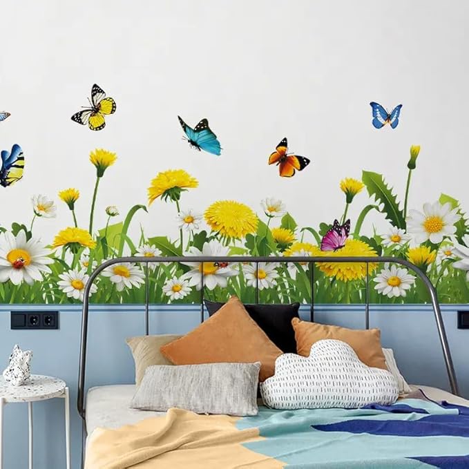 SICKER UNIVERSE 10x55 Inch Set - SunFlower Daisies Butterflies themed Floral Wall Decals for Decor, Self Adhesive Vinyl for Home Decor for Nursery, Home-Gift for Christmas, Birthday (Floral Design #4)