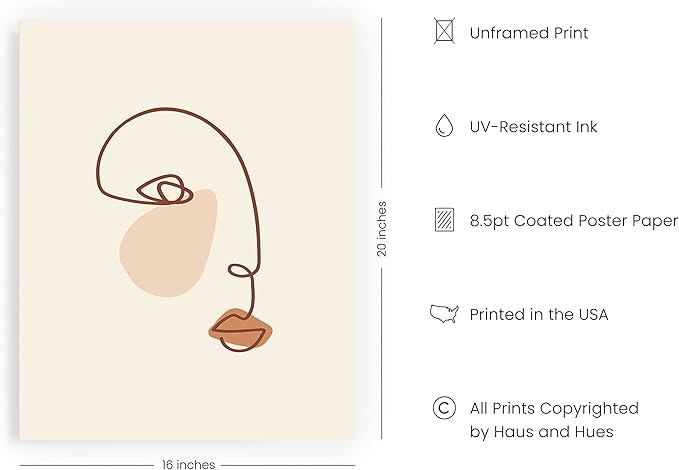 HAUS AND HUES Female Figure Wall Art Line Drawing - Single Line Drawing Wall Art, Minimalist Woman Art Print Line Art Wall Decor Silhouette Lipstick (16x20 Unframed)