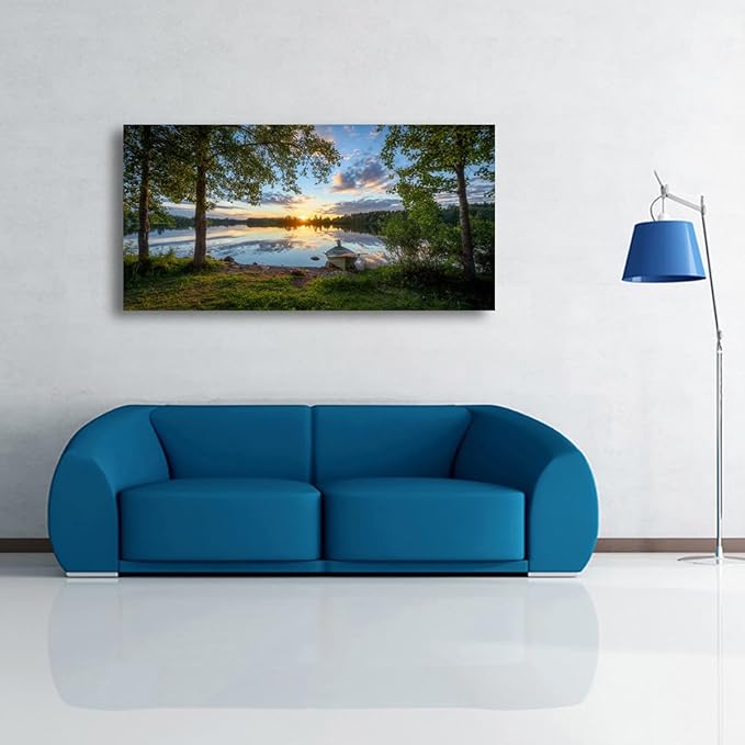 Tree Canvas Wall Art of a Sunrise Over a Forest Lake 24x48inches Nature Inspired Painting Perfect for Wall Decoration in Living Room and Bedroom Trees and Landscape Picture Artwork Prints