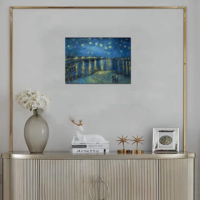 QBQT Starry Night Over the Rhone by Van Gogh Landscape Canvas Wall Art Bathroom Decor Famous Painting Print Blue Artwork for Living Room Home Office Decor Frame 12x16inch