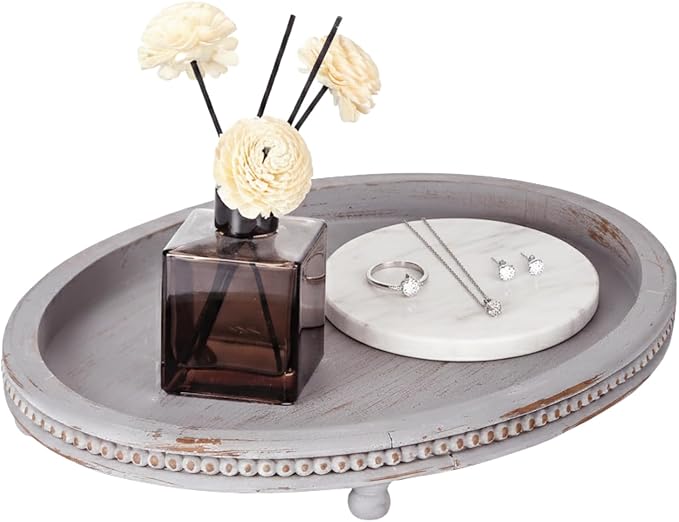 Oval Wooden Tray, Decorative Trays for Home Decor Coffee Table Kitchen Dinning Table, Small Wood Beaded Tray for Decor Grey