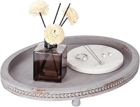 Oval Wooden Tray, Decorative Trays for Home Decor Coffee Table Kitchen Dinning Table, Small Wood Beaded Tray for Decor Grey