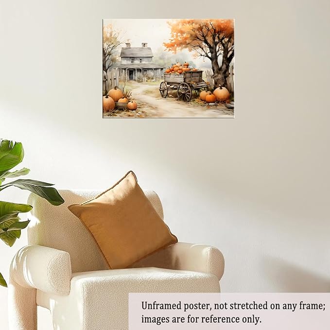 Autumn Farmhouse Sketch posters Gallery Canvas Print Wall Art Vintage Farmhouse Decor Autumn Art Fall Landscape Pumpkin Decoration 20x30"Unframed
