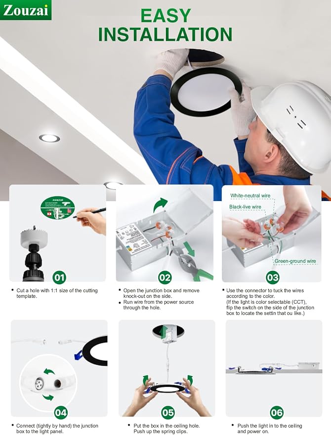 zouzai 24 Pack 6 Inch Black 5CCT Reset Ultra-Thin LED Recessed Ceiling Light with Junction Box, 2700K/3000K/3500K/4000K/5000K Selectable, 12W Eqv 110W,Dimmable- ETL and Energy Star Certified