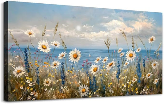 Wapluam Large Canvas Wall Art for Living Room Blue Ocean Wall Decor For Bedroom Bathroom Decoration Natural Seascape Painting Modern Office Wildflowers Artwork Pictures Home Decor Ready To Hang