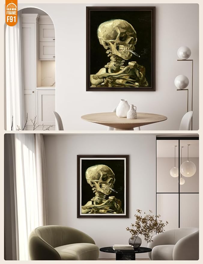DECORARTS - Head of a Skeleton with a Burning Cigarette, Vincent Van Gogh Art Reproduction. Acid Free Cotton Canvas Giclee Print w/Bronze Frame&Mat for Wall Decor.