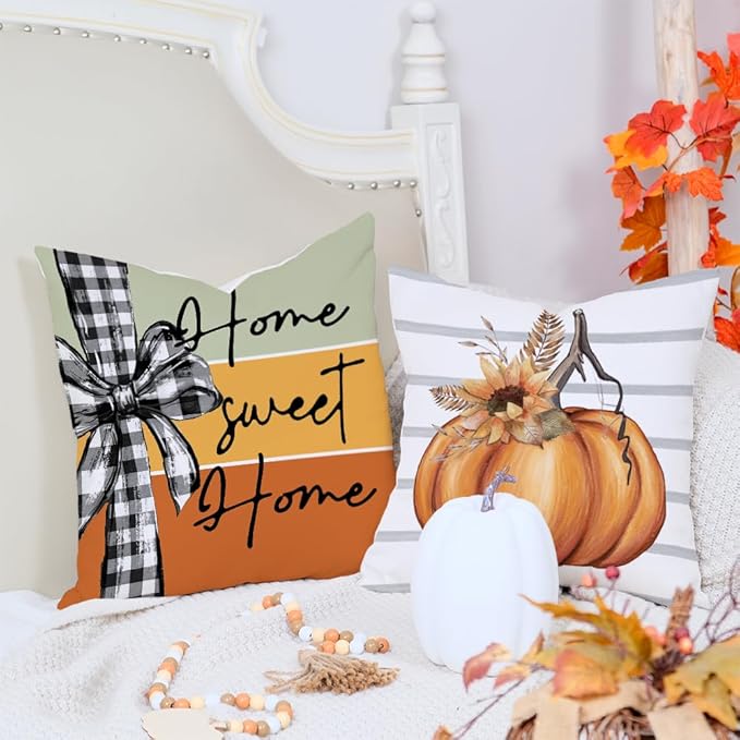 AACORS Fall Pillow Covers 16 x 16 Inch Set of 4, Pumpkin Home Sweet Home Thankful Grateful Blessed Harvest Floral Decorations Autumn Seasonal Pillow Case Decor for Sofa Couch AA556-16